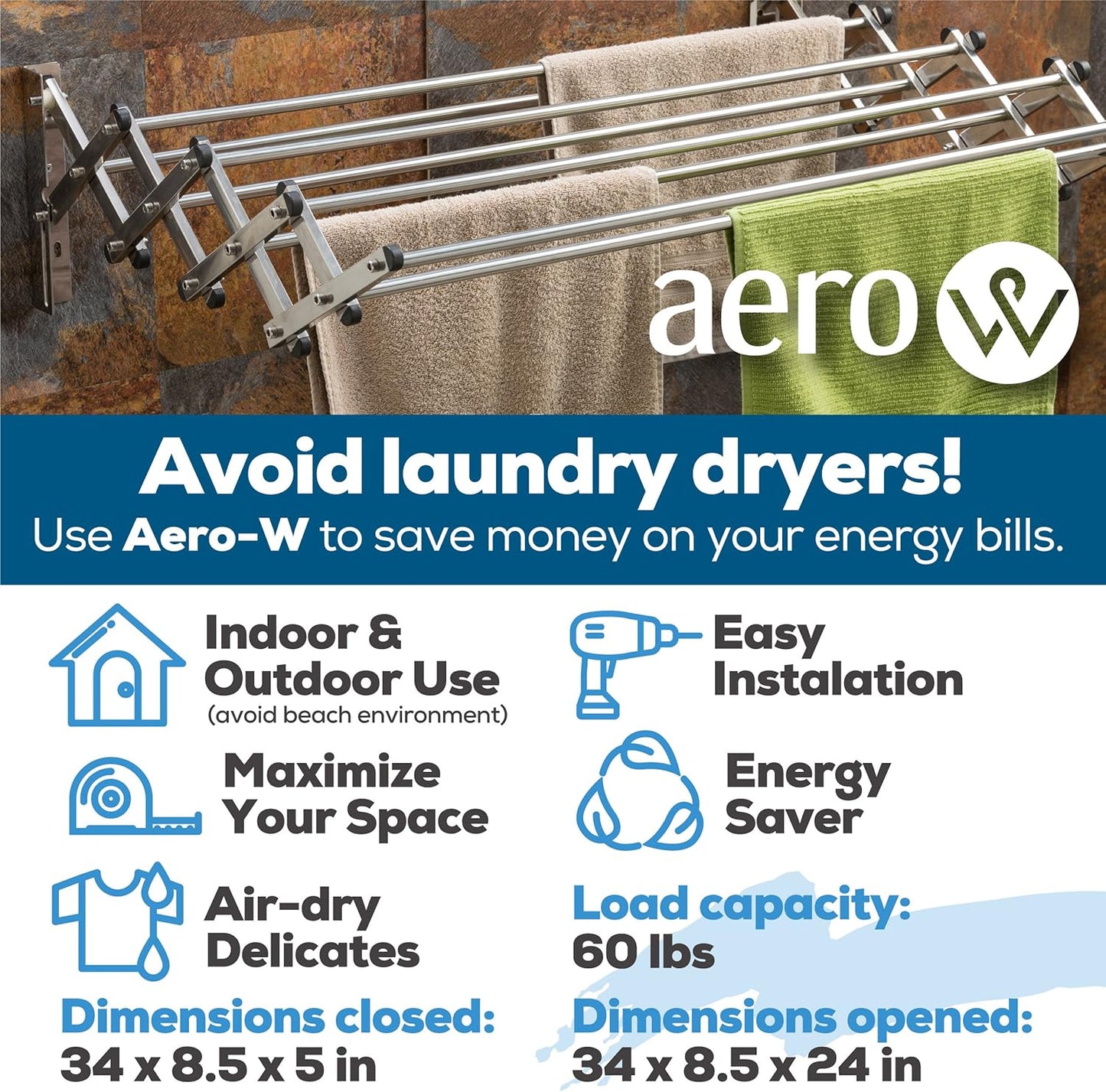 AERO W Racks Stainless Steel Wall Mounted Collapsible Laundry Clothes Drying Rack 60 Pound Capacity 22.5 Linear Ft