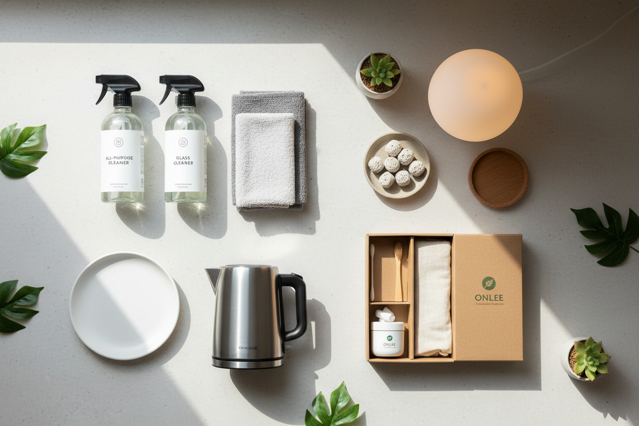 Refillable cleaning products (e.g., reusable wipes, eco-friendly sprays)  
Compact kitchen items (e.g., single-serve plates, mini appliances)  
Mood & self-care items (e.g., mini lamps, aroma stones, bedside tables)  
ONLEE Routine Kits (pre-packed lifestyle kits) 